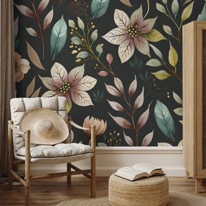Dark floral and leaf wallpaper, vintage wall | Home Decor | Home Renovation | Wall Art | Peel and Stick Or Non Self-Adhesive Vinyl Wallpaper