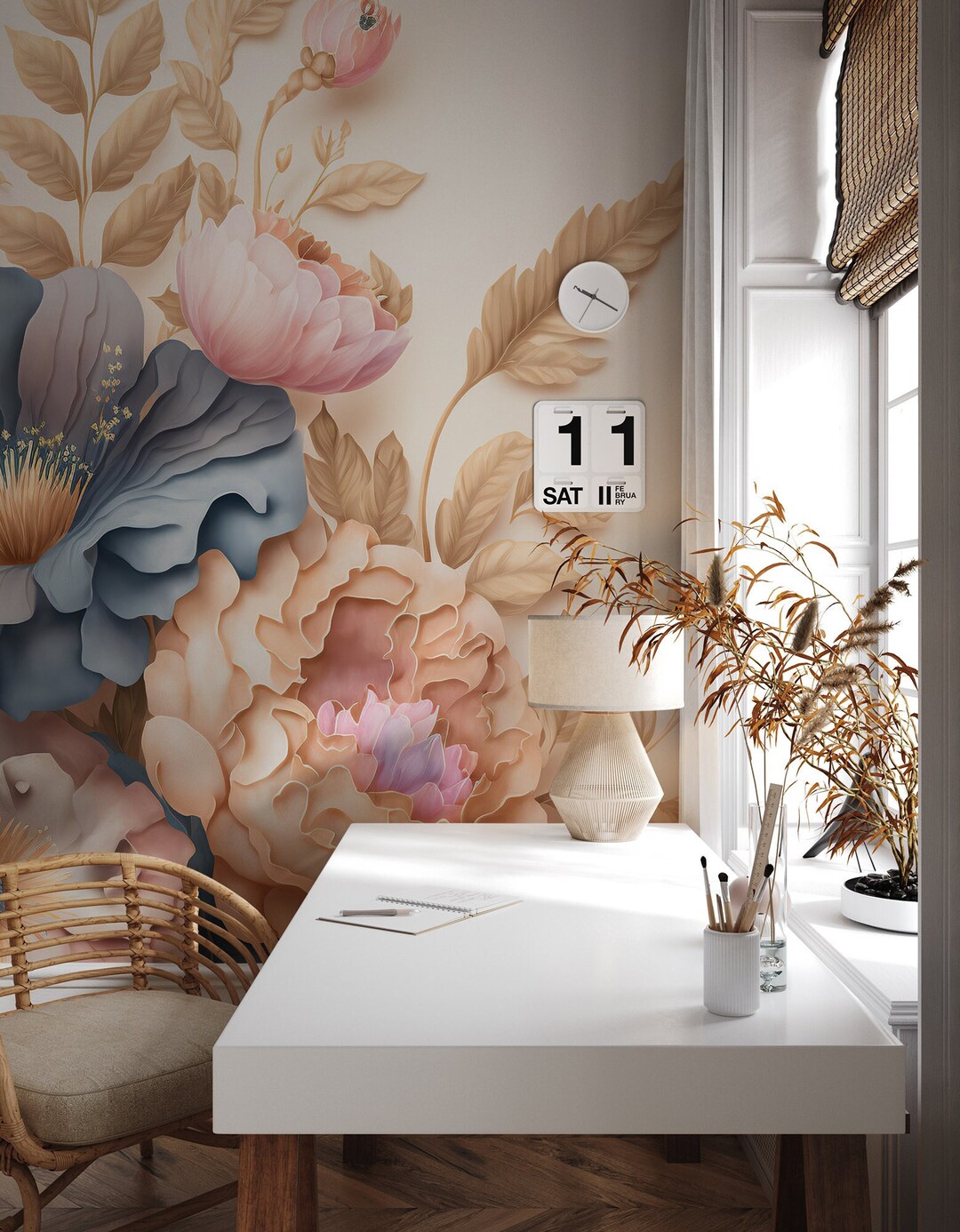 Floral Wall Mural, Blue and Pink Rose Flowers Wallpaper | Wall Decor ...
