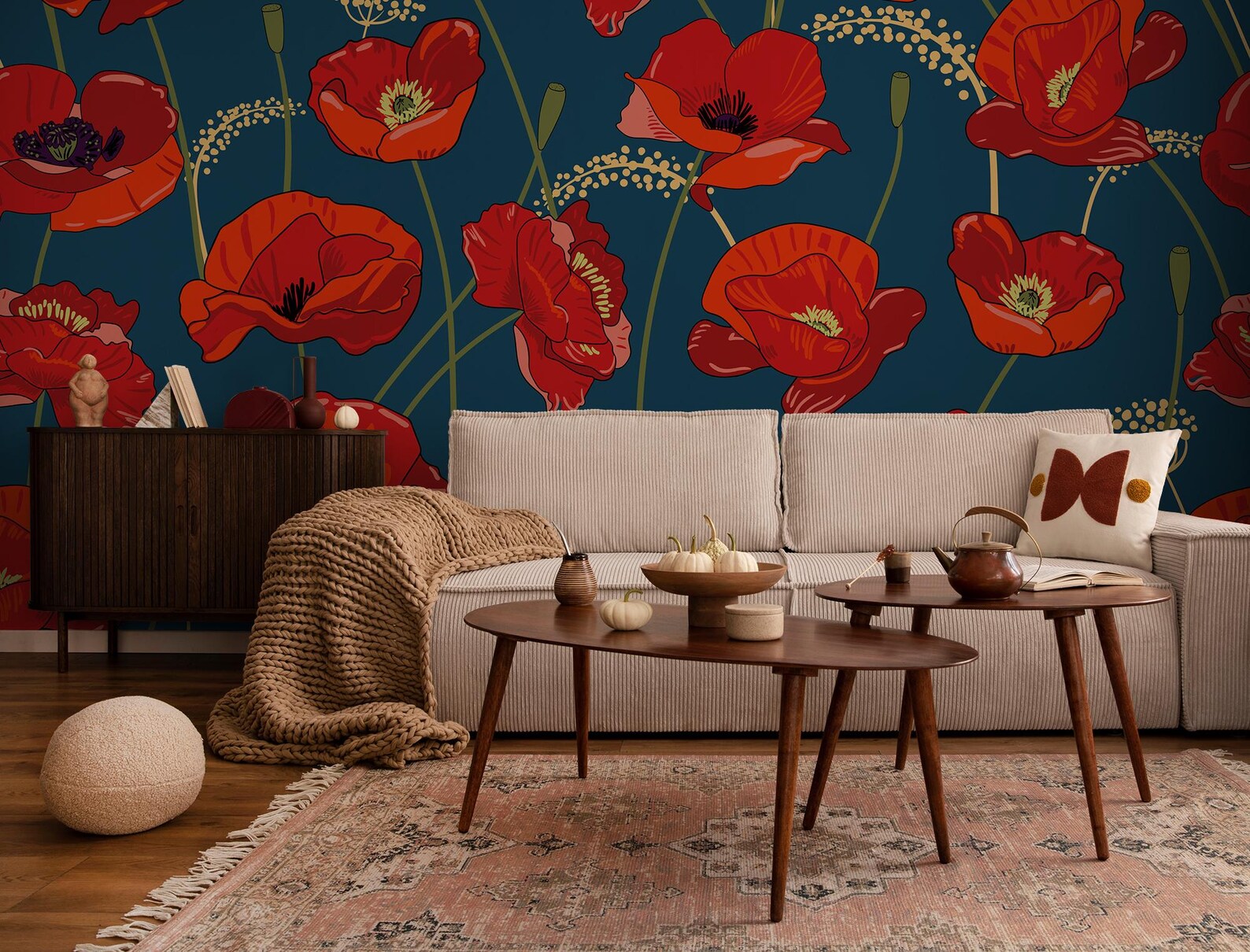 Blue Wallpaper With Red Poppy Flowers Floral Wall Mural Home Renovation ...