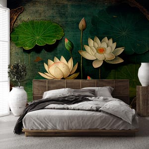 Nénuphar vert foncé Papier peint | Peinture murale botanique | Rénovation domiciliaire | Art mural | Papier peint vinyle à décoller et à coller ou non autocollant