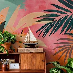 Boho pink & blue tropical leaves wallpaper | Wall Decor | Home Renovation | Wall Art | Peel and Stick Or Non Self-Adhesive Vinyl Wallpaper