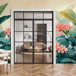 Leaves & flowers tropical wallpaper | Wall Decor | Home Renovation | Wall Art | Peel and Stick Or Non Self-Adhesive Vinyl Wallpaper