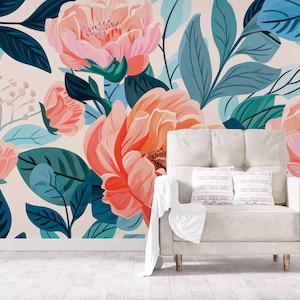 Abstract floral wallpaper, botanical watercolor Wall Mural | Home Renovation | Wall Art | Peel & Stick Or Non Self-Adhesive Vinyl Wallpaper