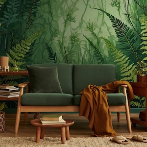 Carta da parati verde foresta, felce e pianta murale | Ristrutturazione casa | Arte della parete | Carta da parati in vinile staccabile e incollabile o non autoadesiva