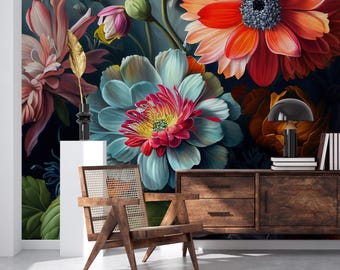 Colorful floral wallpaper, flower Wall Mural | Home Renovation | Wall Art | Peel and Stick Or Non Self-Adhesive Vinyl Wallpaper