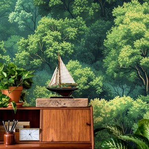 Forest wallpaper, green tree Home Decor | Home Renovation | Wall Art | Peel and Stick Or Non Self-Adhesive Vinyl Wallpaper