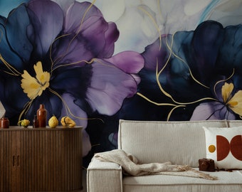 Papier peint abstrait floral violet et bleu | Décoration murale | Rénovation domiciliaire | Art mural | Papier peint vinyle à décoller et à coller ou non autocollant