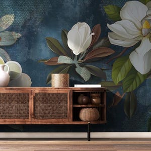 Magnolia floreale, carta da parati gelsomino | foglie Carta da parati | Ristrutturazione casa | Arte della parete | Carta da parati in vinile staccabile e incollabile o non autoadesiva