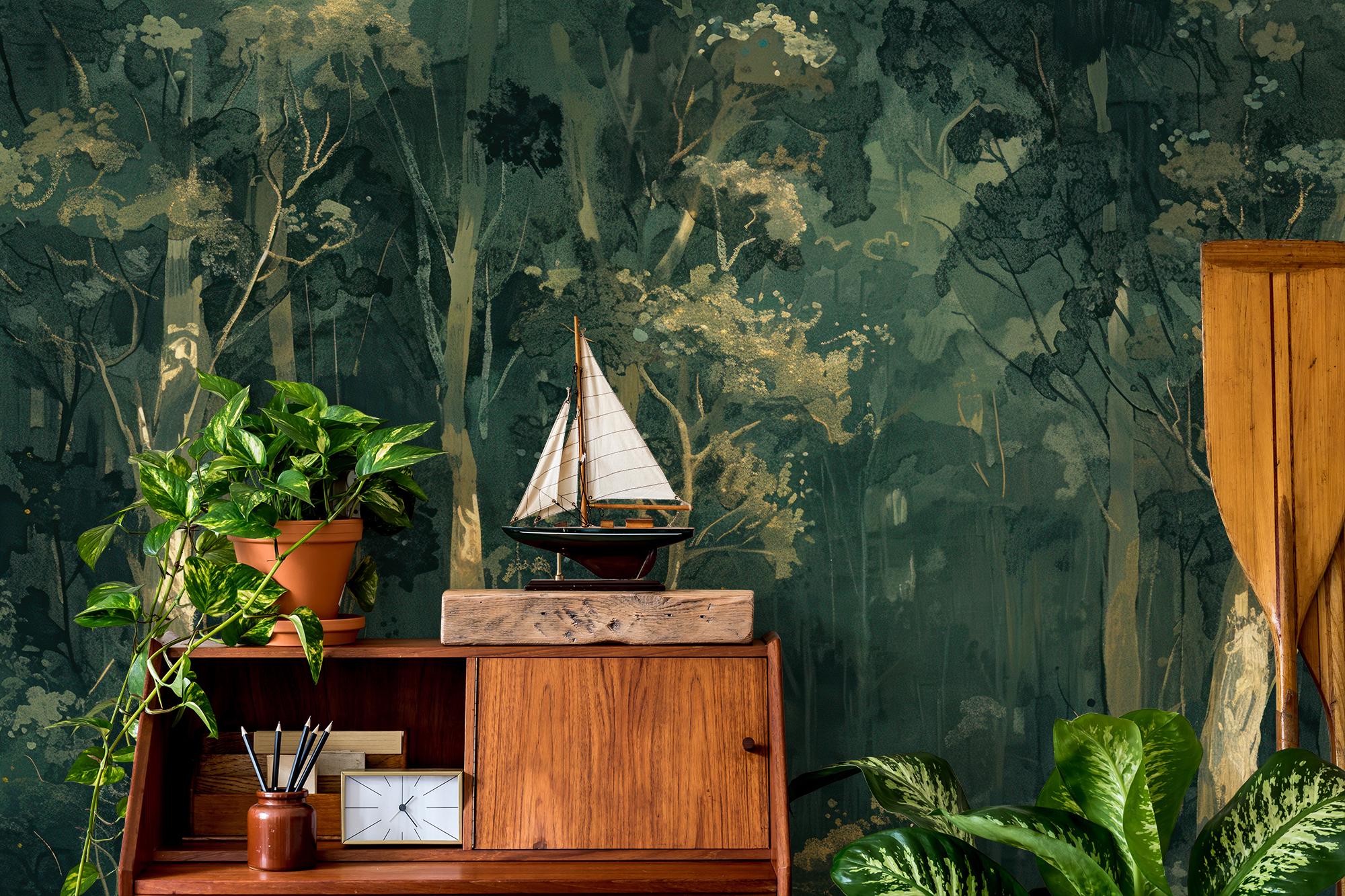 Dark Green Wallpaper, Forest Wall Mural | Home Renovation | Wall Art ...