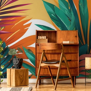 Carta da parati tropicale, foglie e tramonto | Decorazione da parete | Ristrutturazione casa | Arte della parete | Carta da parati in vinile staccabile e incollabile o non autoadesiva
