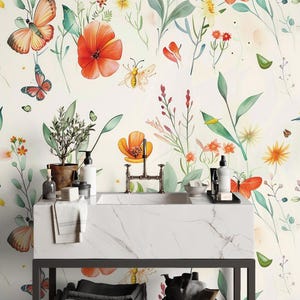Modern floral wallpaper, watercolor botanical Wall Mural | Home Renovation | Wall Art | Peel and Stick Or Non Self-Adhesive Vinyl Wallpaper