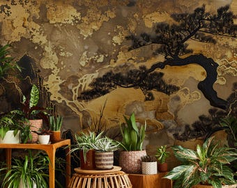 Japanese style wallpaper, abstract tree Wall Mural | Home Renovation | Wall Art | Peel and Stick Or Non Self-Adhesive Vinyl Wallpaper