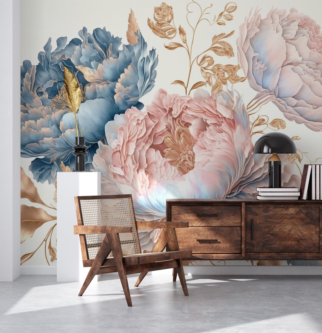 Floral Wall Mural, Blue and Pink Flowers Wallpaper | Wall Decor | Home ...