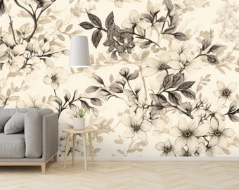 Beige flowers  wallpaper | Grey leaves Wall Decor | Home Renovation | Wall Art | Peel and Stick Or Non Self-Adhesive Vinyl Wallpaper