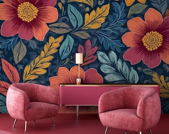 Floral wallpaper, colorful Home Decor | Home Renovation | Wall Art | Peel and Stick Or Non Self-Adhesive Vinyl Wallpaper