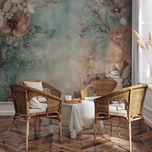 Foggy garden wall mural, floral botanic wallpaper | Wall Decor | Home Renovation | Peel and Stick Or Non Self-Adhesive Vinyl Wallpaper
