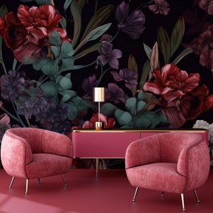 Dark purple and red floral vintage wallpaper | Wall Decor | Home Renovation | Wall Art | Peel and Stick Or Non Self-Adhesive Vinyl Wallpaper