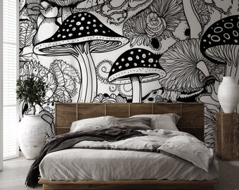 Black and white muchroom wall mural | Wall Decor | Home Renovation | Wall Art | Peel and Stick Or Non Self-Adhesive Vinyl Wallpaper