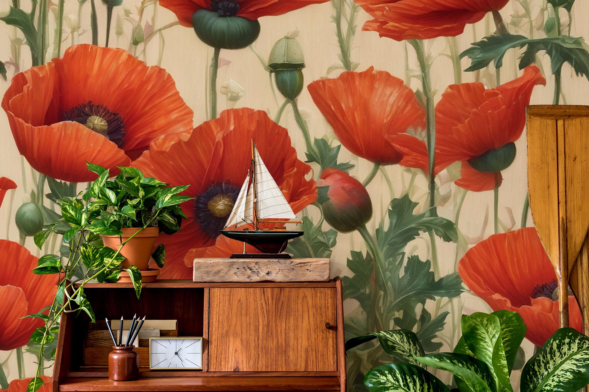 Watercolor Floral Wallpaper, Red Poppy Wall Mural | Home Renovation ...