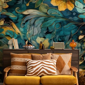 Blaugrüne und gelbe dunkle botanische Tapete| Florales Wandbild | Hausrenovierung | Wandkunst | Abziehbare und aufklebbare oder nicht selbstklebende Vinyl-Tapete