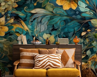 Teal & yellow dark botanical wallpaper| Floral Wall Mural | Home Renovation | Wall Art | Peel and Stick Or Non Self-Adhesive Vinyl Wallpaper