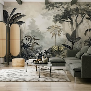 Carta da parati giungla tropicale, alberi esotici | Decorazione da parete | Ristrutturazione casa | Arte della parete | Carta da parati in vinile staccabile e incollabile o non autoadesiva