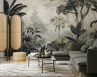 May include: A living room interior with a gray sectional sofa, a woven ottoman, and a coffee table. The wall behind the sofa features a large-scale mural of a tropical jungle scene with lush foliage and palm trees.
