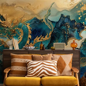 Chinesischer Drache Tapete, Berglandschaft Wandbild | Hausrenovierung | Wandkunst | Vinyl-Tapete zum Abziehen und Aufkleben oder nicht selbstklebend