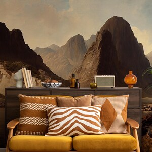 Brown vintage mountain landscape wallpaper | Home Decor | Home Renovation | Wall Art | Peel and Stick Or Non Self-Adhesive Vinyl Wallpaper