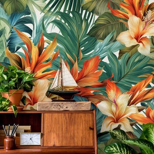 Tropical wallpaper, Floral and palm leaf Home Decor | Home Renovation | Wall Art | Peel and Stick Or Non Self-Adhesive Vinyl Wallpaper