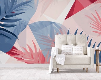 Tropische blaue und rote Blättertapete | Wanddekoration | Hausrenovierung | Wandkunst | Vinyl-Tapete zum Abziehen und Aufkleben oder nicht selbstklebend