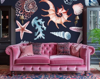 Donkere zeedieren aquarelbehang | Wanddecoratie | Woningrenovatie | Kunst aan de muur | Schil en plak of niet-zelfklevend vinylbehang