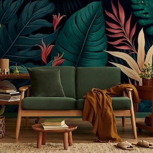 Dunkle tropische botanische Tapete | Wohndekoration | Hausrenovierung | Wandkunst | Vinyl-Tapete zum Abziehen und Aufkleben oder nicht selbstklebend