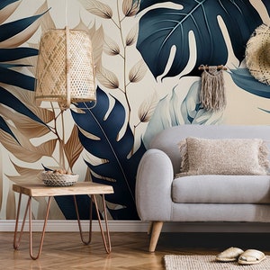 Carta da parati con foglie tropicali blu scuro e beige | Decorazione da parete | Ristrutturazione casa | Arte della parete | Carta da parati in vinile staccabile e incollabile o non autoadesiva