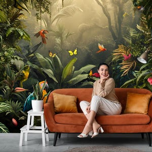 Dunkle tropische Papageien-Dschungel-Tapete | Wanddekoration | Hausrenovierung | Wandkunst | Abziehen und Aufkleben oder nicht selbstklebende Vinyl-Tapete