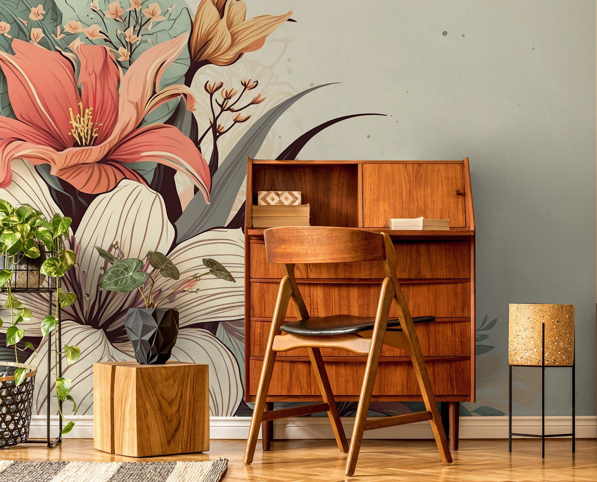 ❁リリ❁ Buy Vintage Lilies Wallpaper | Beige Botanical Wall Mural