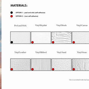 K&ouml;nnte beinhalten: Eine Tabelle, die verschiedene Arten von Vinylmaterialien f&uuml;r das Basteln zeigt. Die Tabelle zeigt die verschiedenen Texturen des Vinyls, darunter selbstklebend, normal, geb&uuml;rstet, Leinwand, Leder, gerippt, Sand und Stein. Die Tabelle zeigt auch an, ob das Vinyl selbstklebend ist oder nicht.
