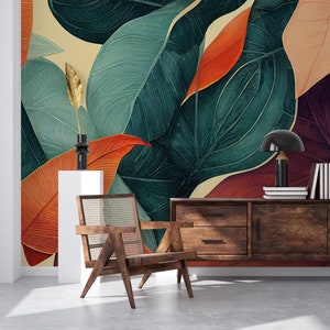 Carta da parati con foglie astratte, murale arancione e verde | Decorazione da parete | Ristrutturazione casa | Carta da parati in vinile staccabile e incollabile o non autoadesiva
