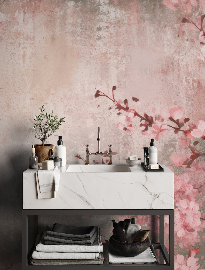 Kirschblütenzweig Betontapete Wanddekoration Hausrenovierung Wandkunst Vinyl-Tapete zum Abziehen und Aufkleben oder nicht selbstklebend Bild 4