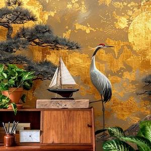 Japanische Vogel-Tapete, Kranich am See-Wandbild | Hausrenovierung | Wandkunst | Vinyl-Tapete zum Abziehen und Aufkleben oder nicht selbstklebend