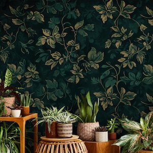 Carta da parati floreale verde, pianta Murale | Ristrutturazione casa | Arte della parete | Carta da parati in vinile staccabile e incollabile o non autoadesiva