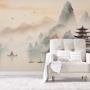 Chinese landscape wallpaper, mountain Wall Mural | Home Renovation | Wall Art | Peel and Stick Or Non Self-Adhesive Vinyl Wallpaper