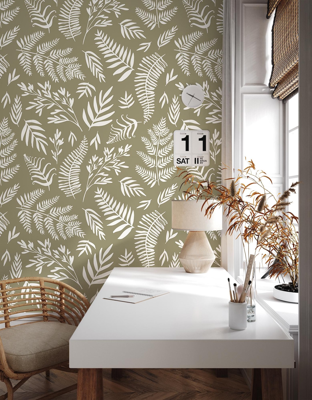 Leaves Olive Green Botanical Wallpaper | Leaf Wall Mural | Home ...