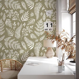 Feuilles botaniques vert olive Papier peint | Papier peint feuille | Rénovation domiciliaire | Art mural | Papier peint vinyle à décoller et à coller ou non autocollant