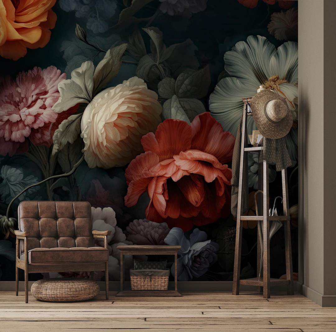 Dark Vintage Floral Wallpaper, Watercolor Botanical | Home Renovation ...