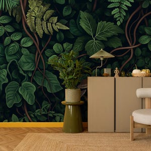 Green forest wallpaper, dark leaves Wall Mural | Home Renovation | Wall Art | Peel and Stick Or Non Self-Adhesive Vinyl Wallpaper