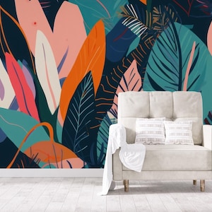 Modern colorful wallpaper, tropical floral Wall Mural | Home Renovation | Wall Art | Peel and Stick Or Non Self-Adhesive Vinyl Wallpaper