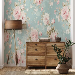 Carta da parati vittoriana rosa, decorazione floreale pastello | Ristrutturazione casa | Arte della parete | Carta da parati in vinile staccabile e incollabile o non autoadesiva