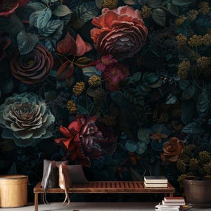 Carta da parati floreale scura, botanica vintage | Decorazioni per la casa | Ristrutturazione casa | Arte della parete | Carta da parati in vinile staccabile e incollabile o non autoadesiva