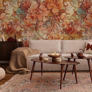 Warm vibrant abstract floral wallpaper | Wall Mural | Home Renovation | Wall Art | Peel and Stick Or Non Self-Adhesive Vinyl Wallpaper